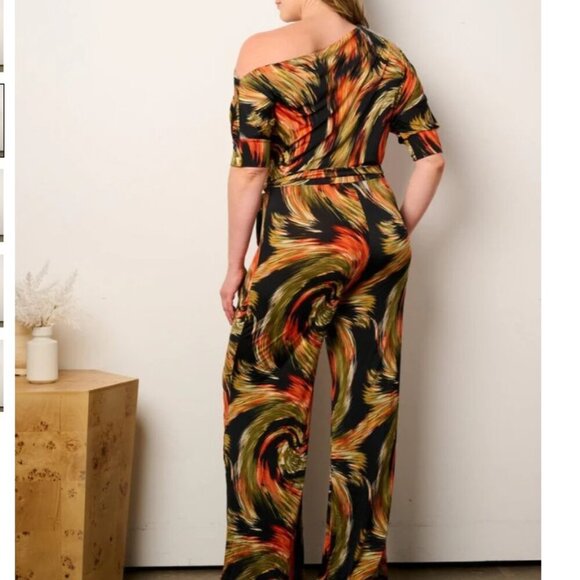 JANETTE PLUS SIZE off Shoulder Swirl Print Wide Leg Jumpsuit NWT 1X, 2X, 3X - Picture 3 of 8
